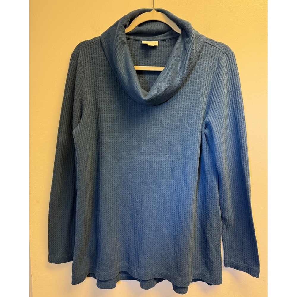 J. Jill Top Teal Waffle Knit Tunic Small Long Sleeve Cowl Neck Coastal